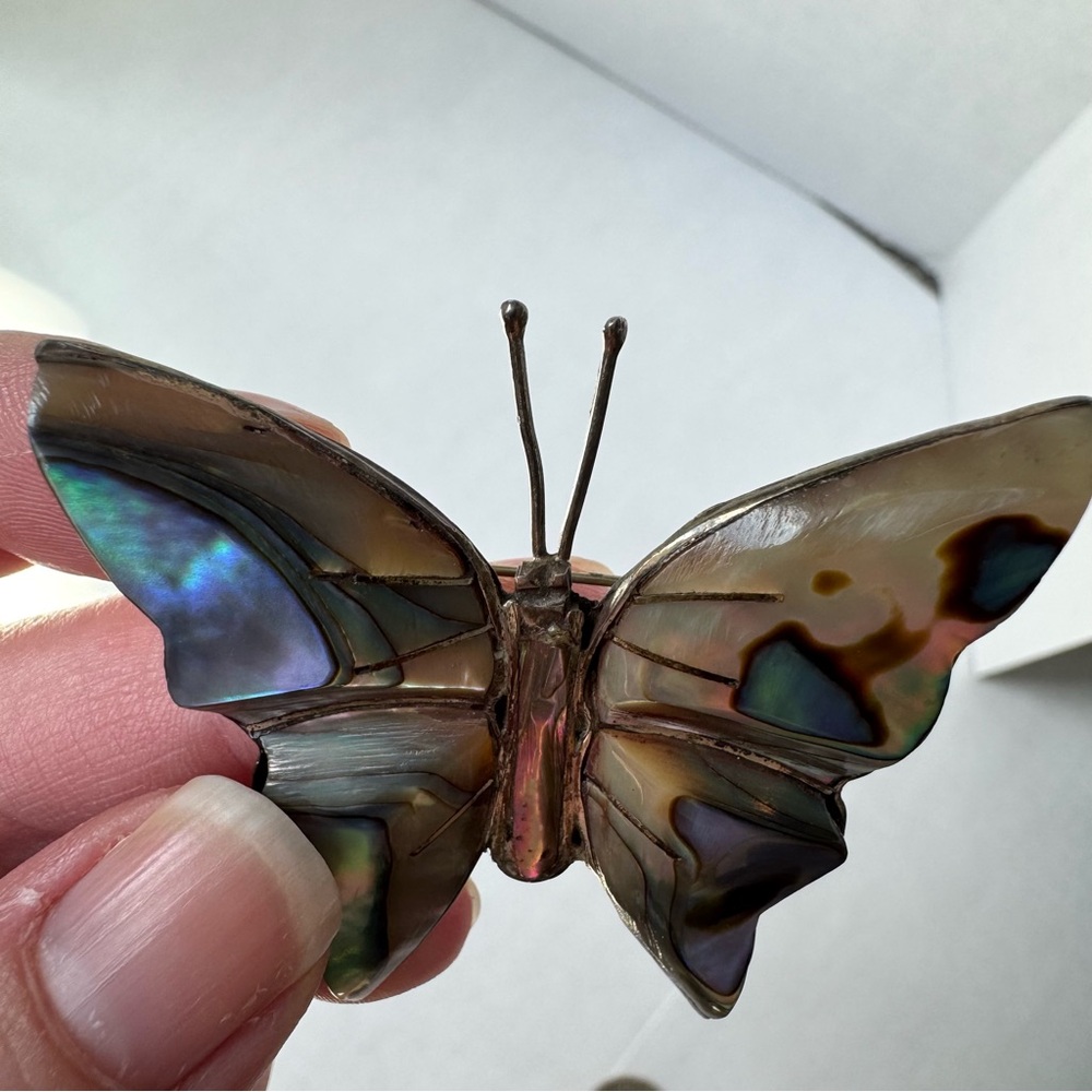 Vintage Mexican Sterling Silver 925 Abalone Butterfly Brooch Blue Green Pin - Picture 11 of 16